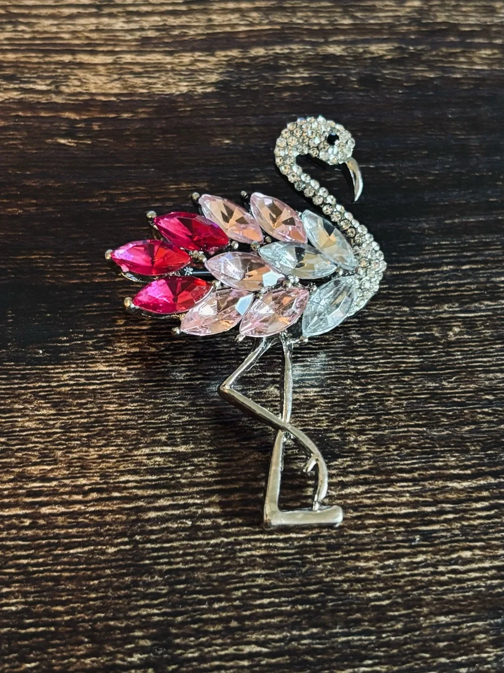 Rhinestone Flamingo Brooch with Pink and Light Pink Teardrops